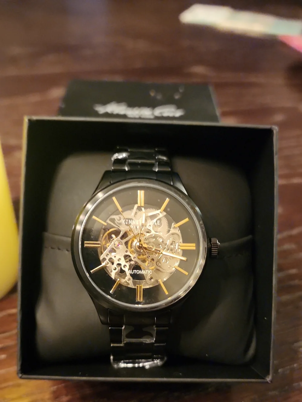 NWOT Kenneth Cole Black and Gold Automatic Skeleton Men's Watch